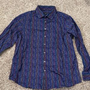 Bugatchi Navy Multistripe Button Up Dress Shirt Size XL